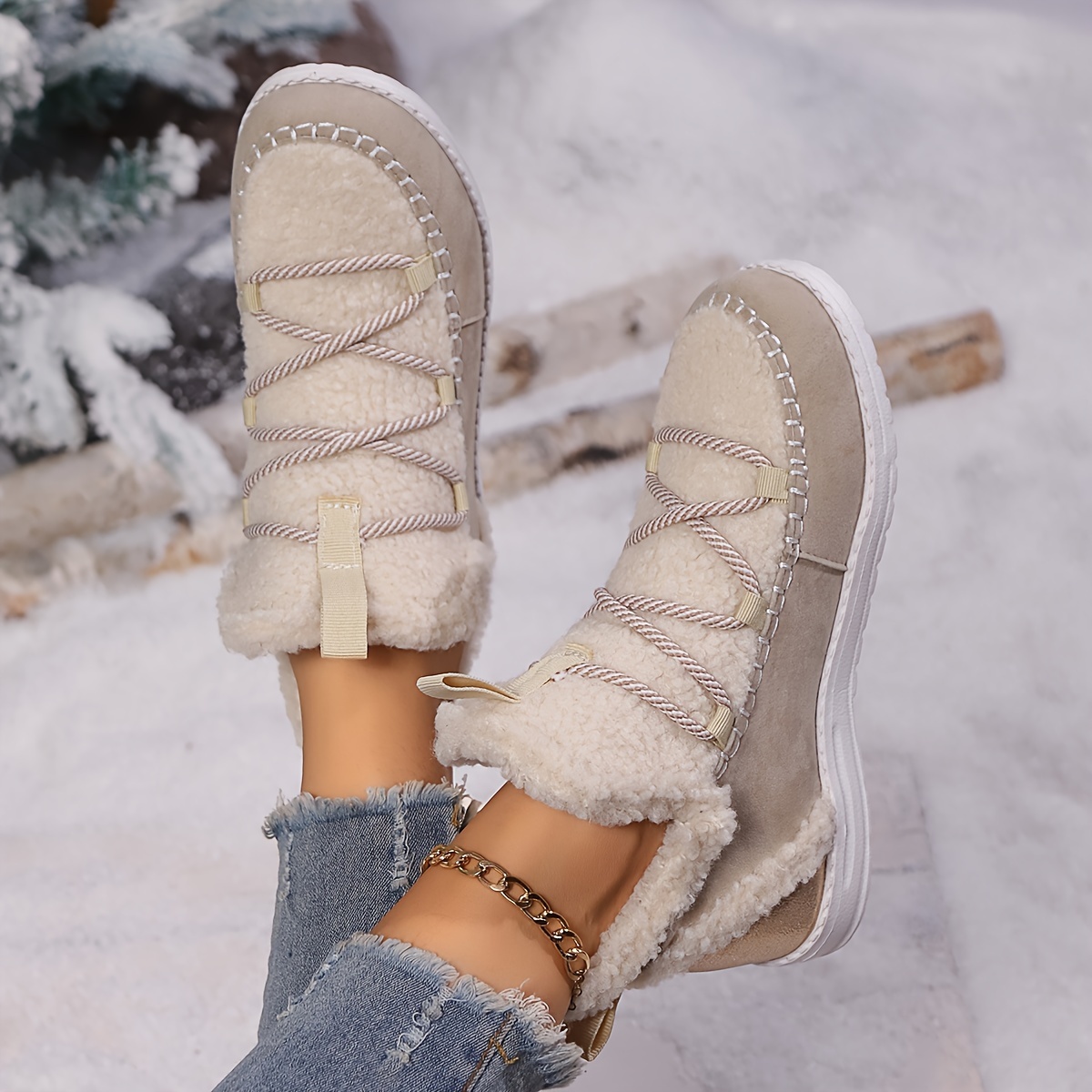 

Chic Women's Plus Size Snow Boots - Vintage Style, Lace-up, Plush Lined For Winter Comfort, Non-slip