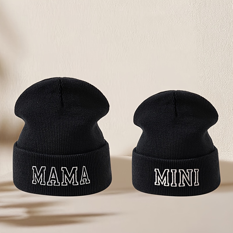 TEMU 2pcs Family Set Knitted Beanie With "mam Mini" Letter Embroidery, Soft, Comfortable, And Warm Brimless Hat For Outdoor, Casual, Sports, Running,