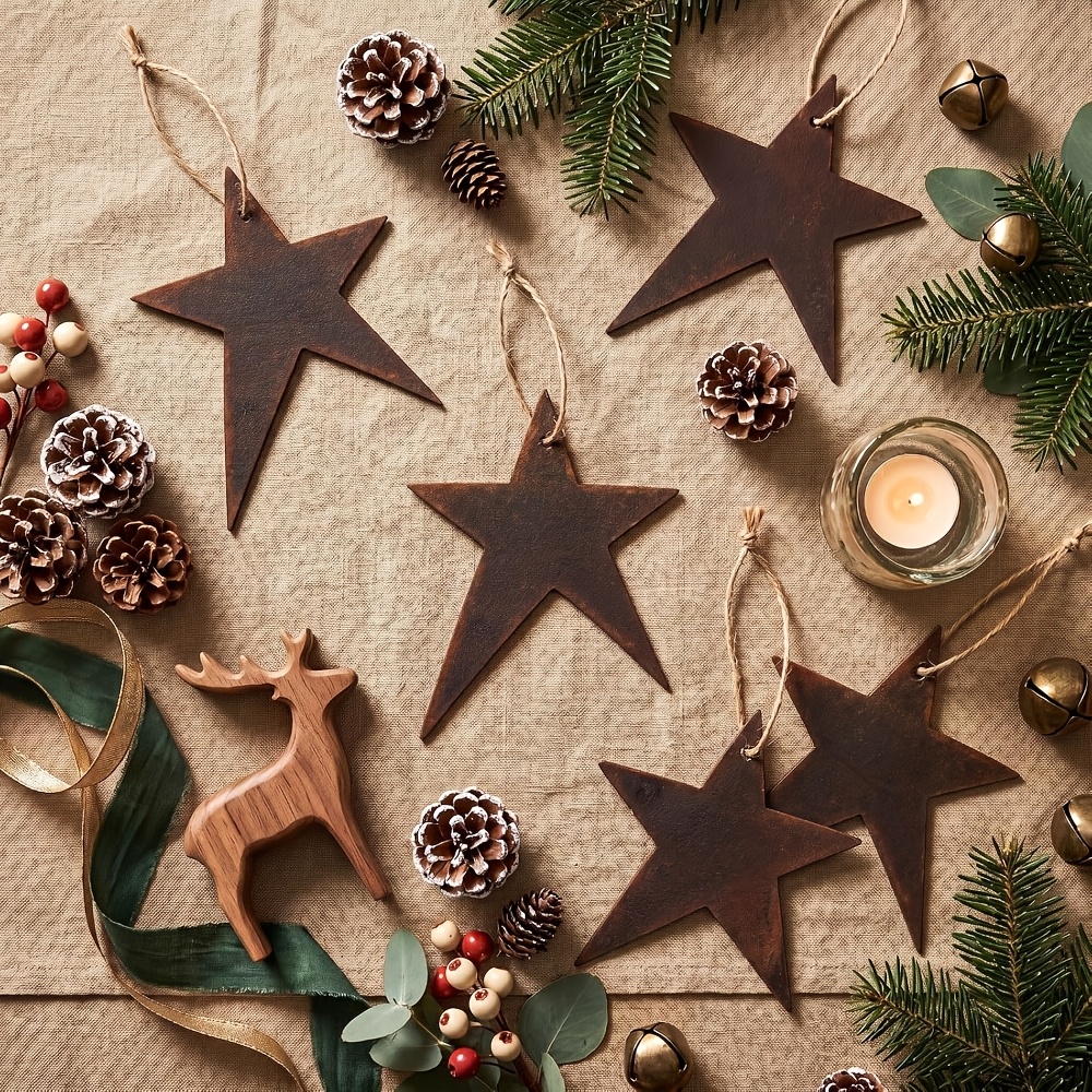 TEMU 2d Flat, 12pcs Pack 12pcs Rustic Vintage Wooden Star Ornaments - Suitable For Christmas, Thanksgiving Tree Decorations, Artificial Wood Thin