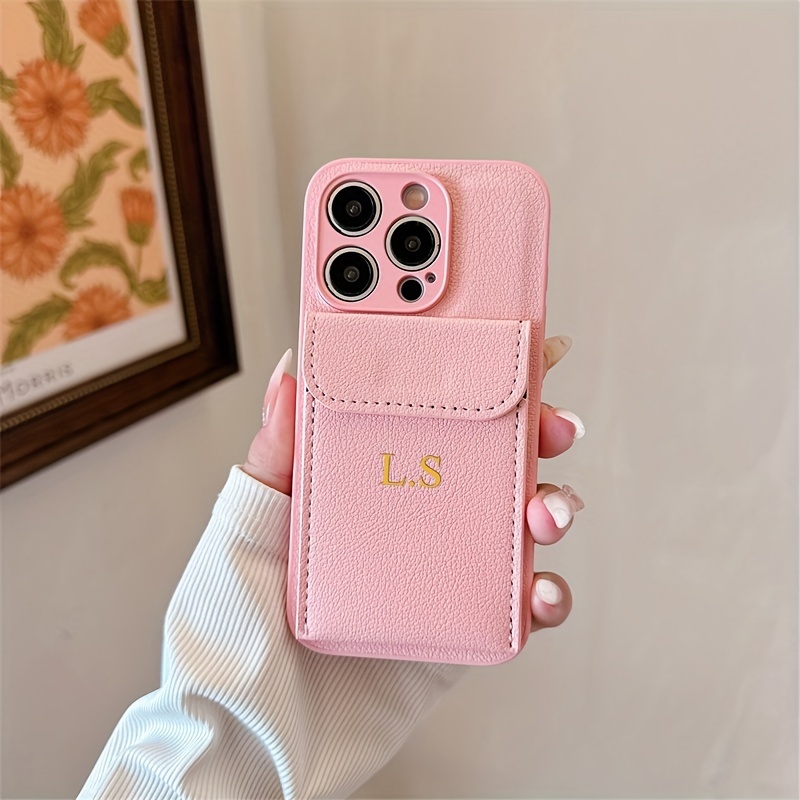 TEMU Phone Case - Luxury Personalized Customized Name Letter Card Bag Lychee Faux Leather Soft Case For Iphone 16 15 14 13 12 11 Pro Plus Cases Card