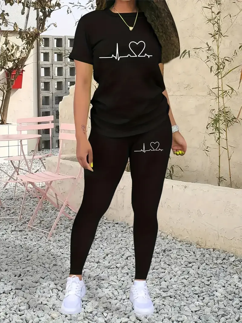 MF5009AG51 European and American Women's Casual Sport Round Neck Loose Short Sleeve Long Pants Set with Unique Print Two-Piece Sports Outfit