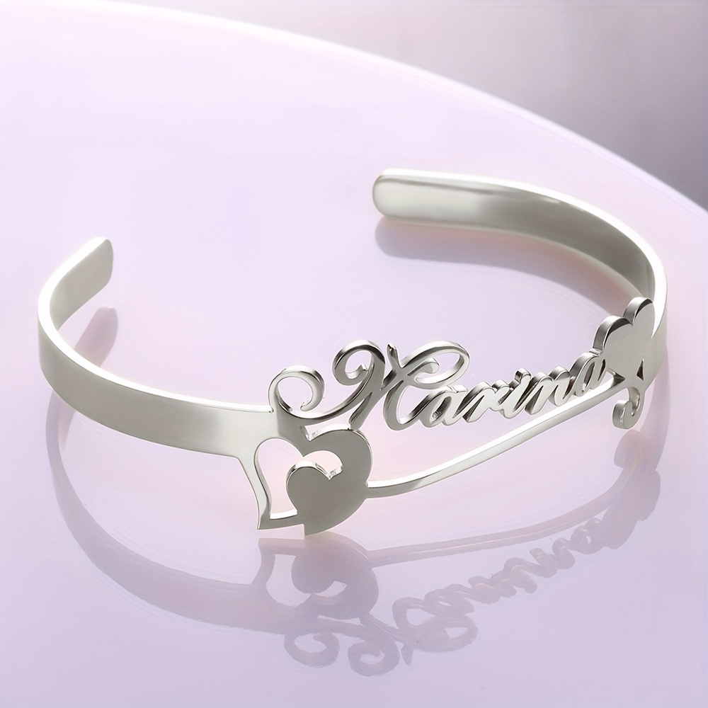 

Customizable Stainless Steel Cuff Bangle, Personalized Name With Heart, Elegant Bohemian Style, Fashion Jewelry Wrist Accessory, Perfect Customized Birthday Gift