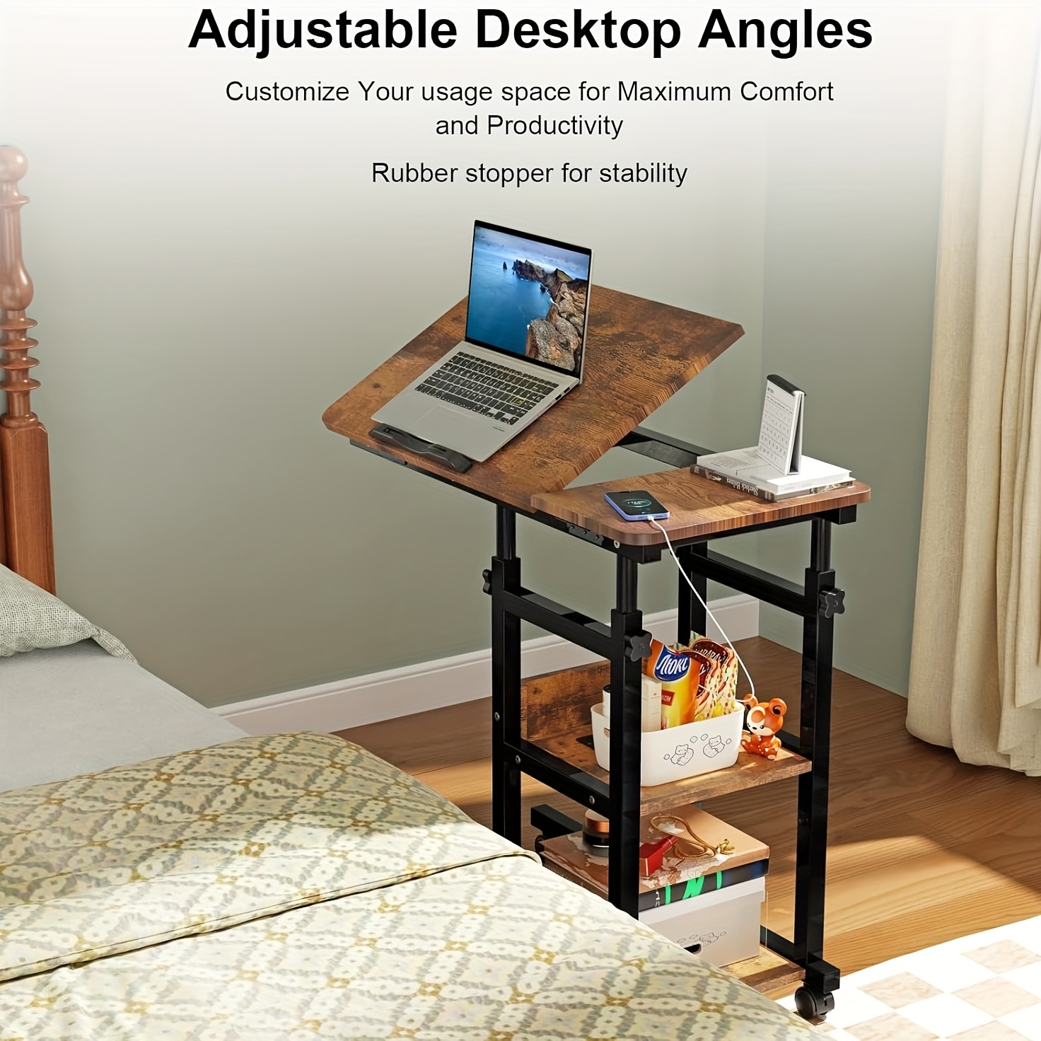 Computer Side Table, Laptop Table On Wheels, Height-adjustable Wooden Table, Tabletop Size 80x40 Cm, With 4 Wheels Rotatable By 360°, Suitable For Computers, Laptops And Bedrooms, Dark Brown