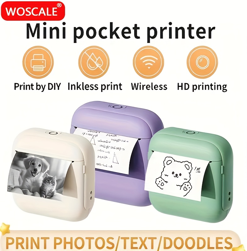 WOSCALE Portable Thermal Printer with 13 or 1 Rolls of Paper - Instant Print, WOSCALE Portable Thermal Printer with 13 or 1 Rolls of Paper - Instant Print, Wireless, HD Printing for Photos, Labels, Study Notes - Compatible with iOS/Android Devices, USB Rechargeable, Ideal for Thanksgiving, Christmas, Halloween Gifts