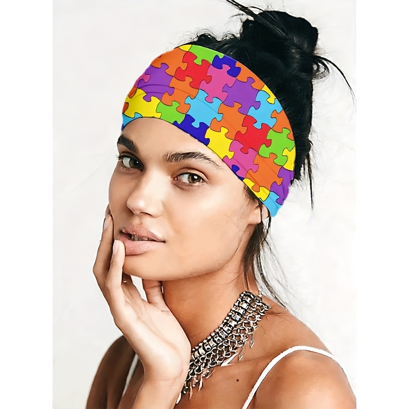 TEMU Non-slip Sweat-absorbent Wide Headband Suitable For Yoga, Gym, Running, Cycling - Elastic Hair With Colorful Puzzle Pattern, Wide Edge For -