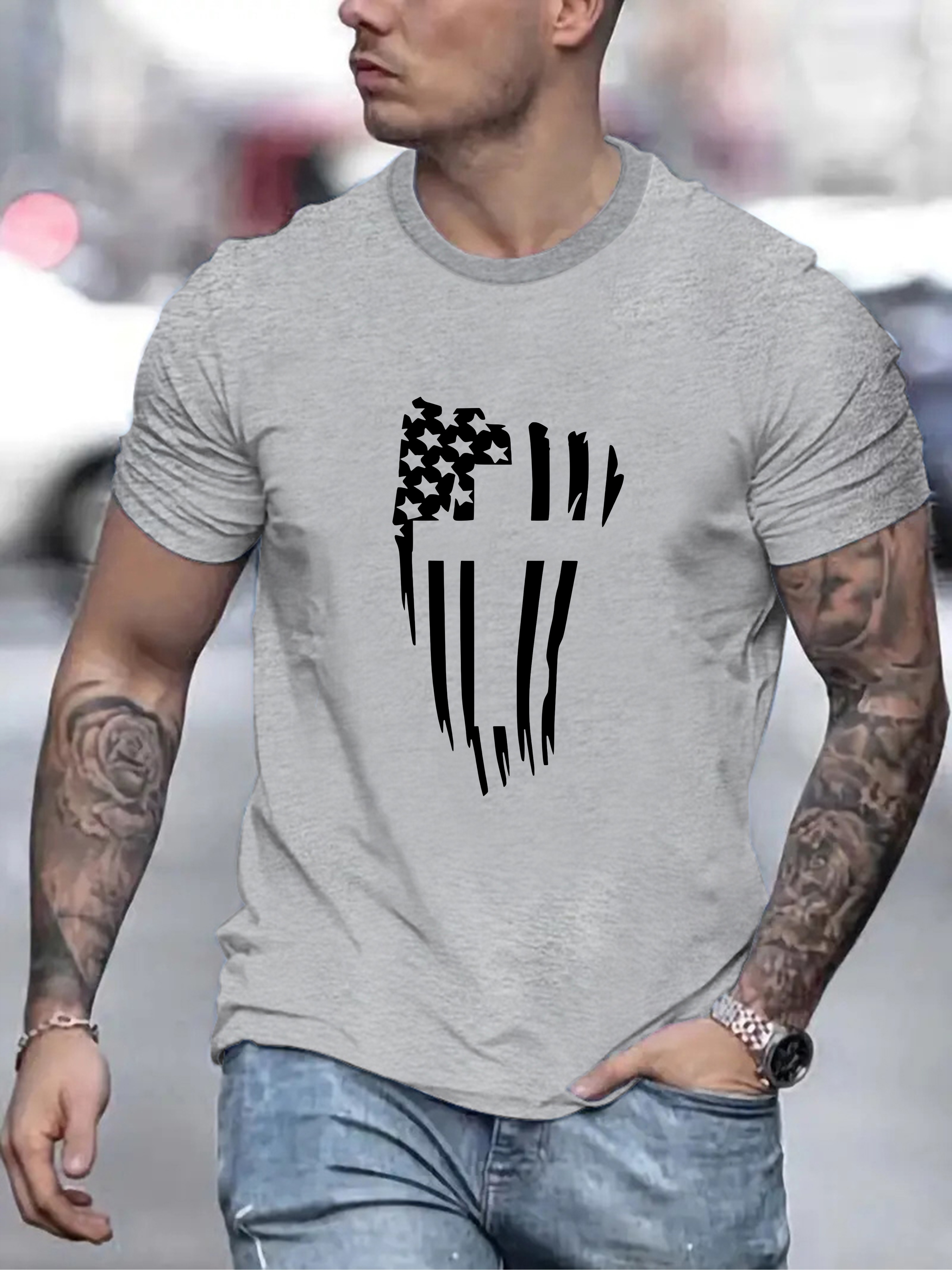 Mens Patriotic T-Shirts American USA Flag Short Sleeve Retro Skull Print  Slim Fit Shirt Comfortable Leisure Tops 