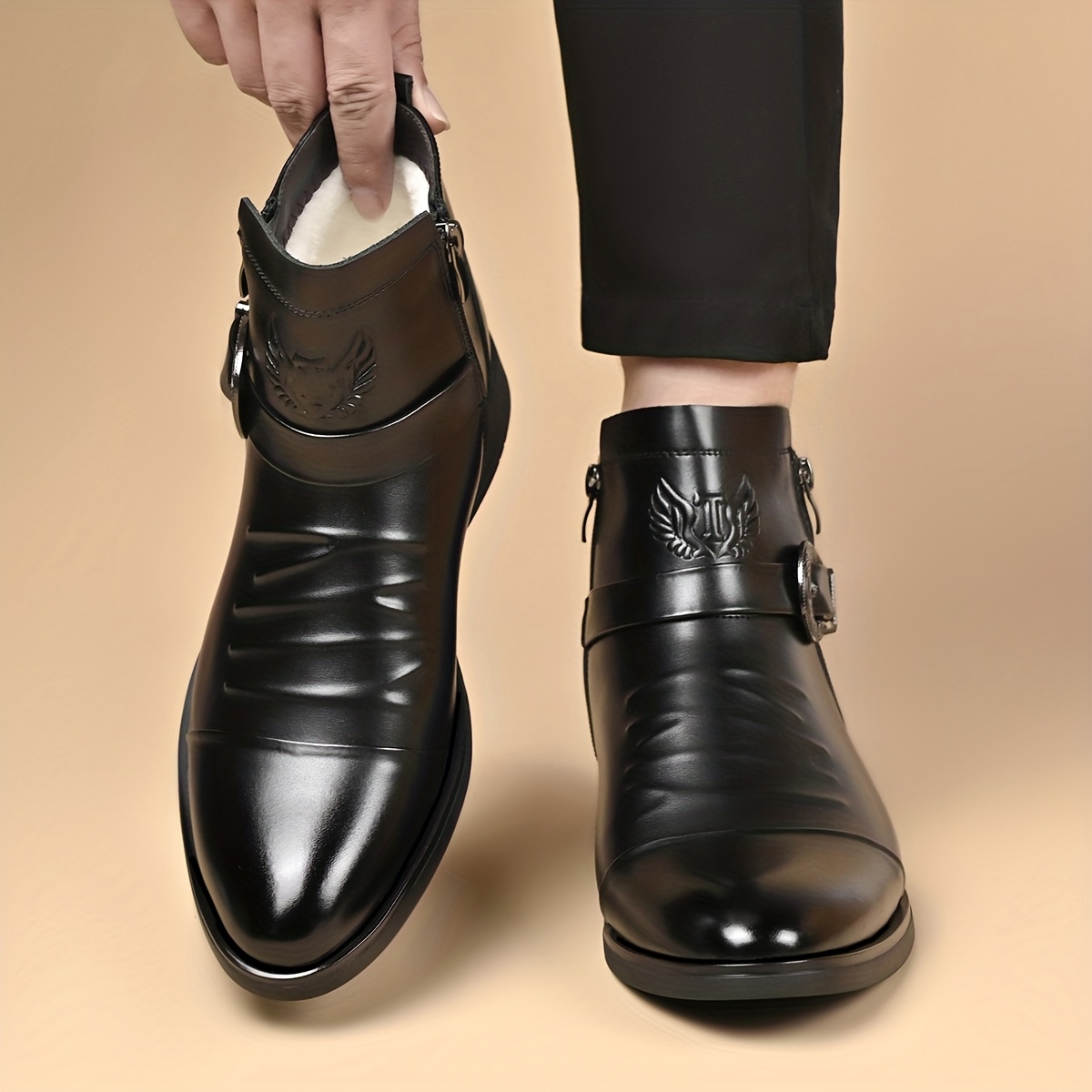 [Men's Vintage Western Boots] Men's Vintage Western Style Ankle Boots with a Convenient Side Zipper and Ornate Carved Buckle, Featuring a Pointed Toe and Unique Pleated Vamp for a Stylish Biker Formal Look