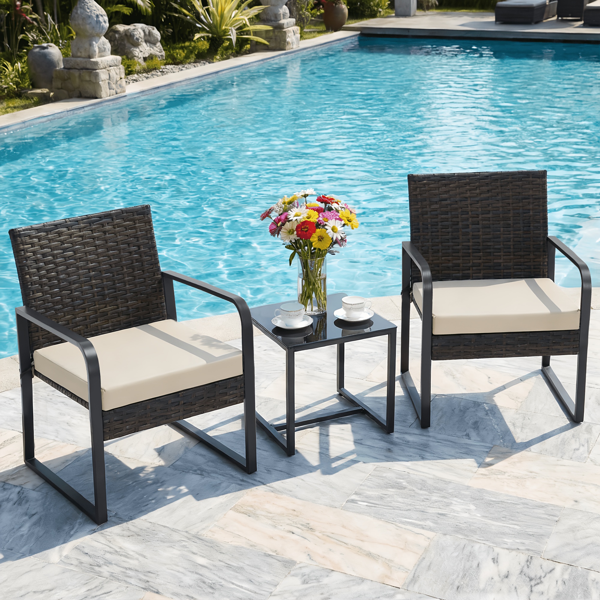 Bezseller 3pcs Outdoor Furniture Set, Rattan Bistro Set with Coffee Table, Sturdy Steel Frame with Cushions for Garden, Balcony, Poolside, And Backyard