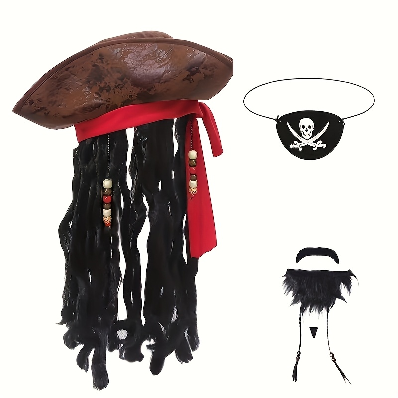 Image of 3pcs Pirate Captain Costume Set With Tassel Hat, Skull Eye Mask & Beard - Perfect For Halloween, Christmas & Masquerade Parties