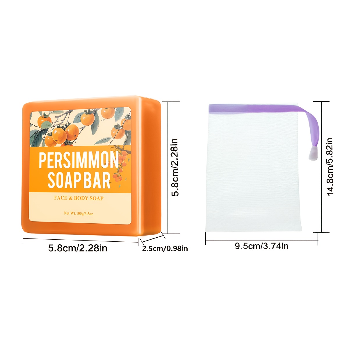 3pcs Persimmon Scrub Soap, Cold  ,  , Including Foam Network, Soap for Cleaning Hair, Face, And Body,   That Moisturizes And Clean The Body, Suitable for All Light Beige Types -100g, Body Soap Bar, Mini Soap,  , Natural Exfoliator,  , Sensitive Light Beige Care