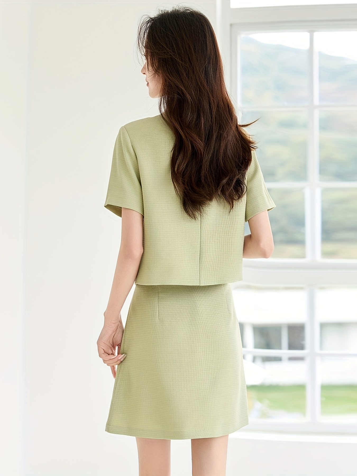 Casual V-neck Short Sleeve A-line Dress and Skirt Set, Solid Color  Stretch Polyester Viscose Spandex, with Button for Petite Women, S