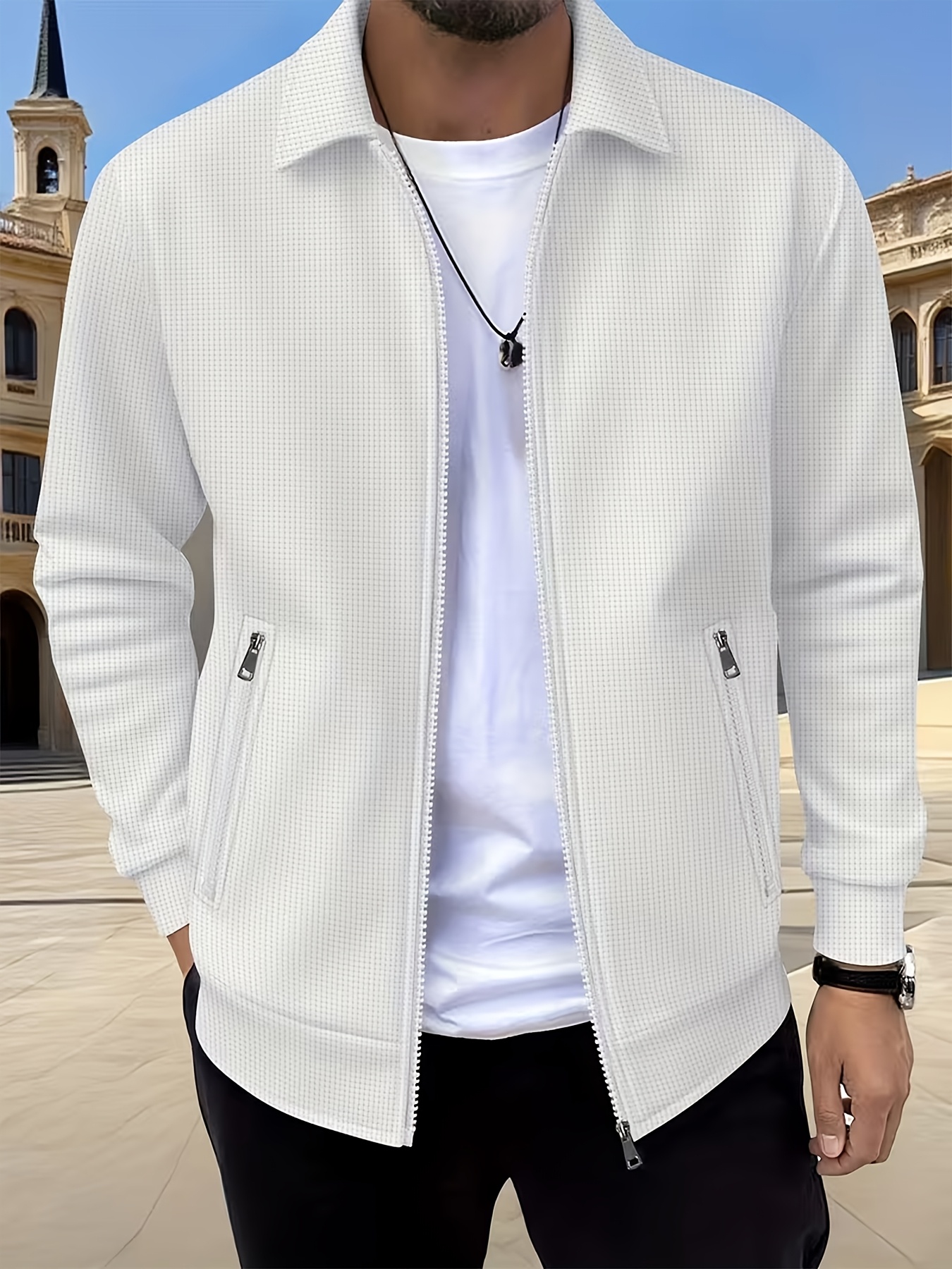   obm mens solid color lapel waffle knit long sleeve zip up work jacket outdoor sports spring autumn mens coat