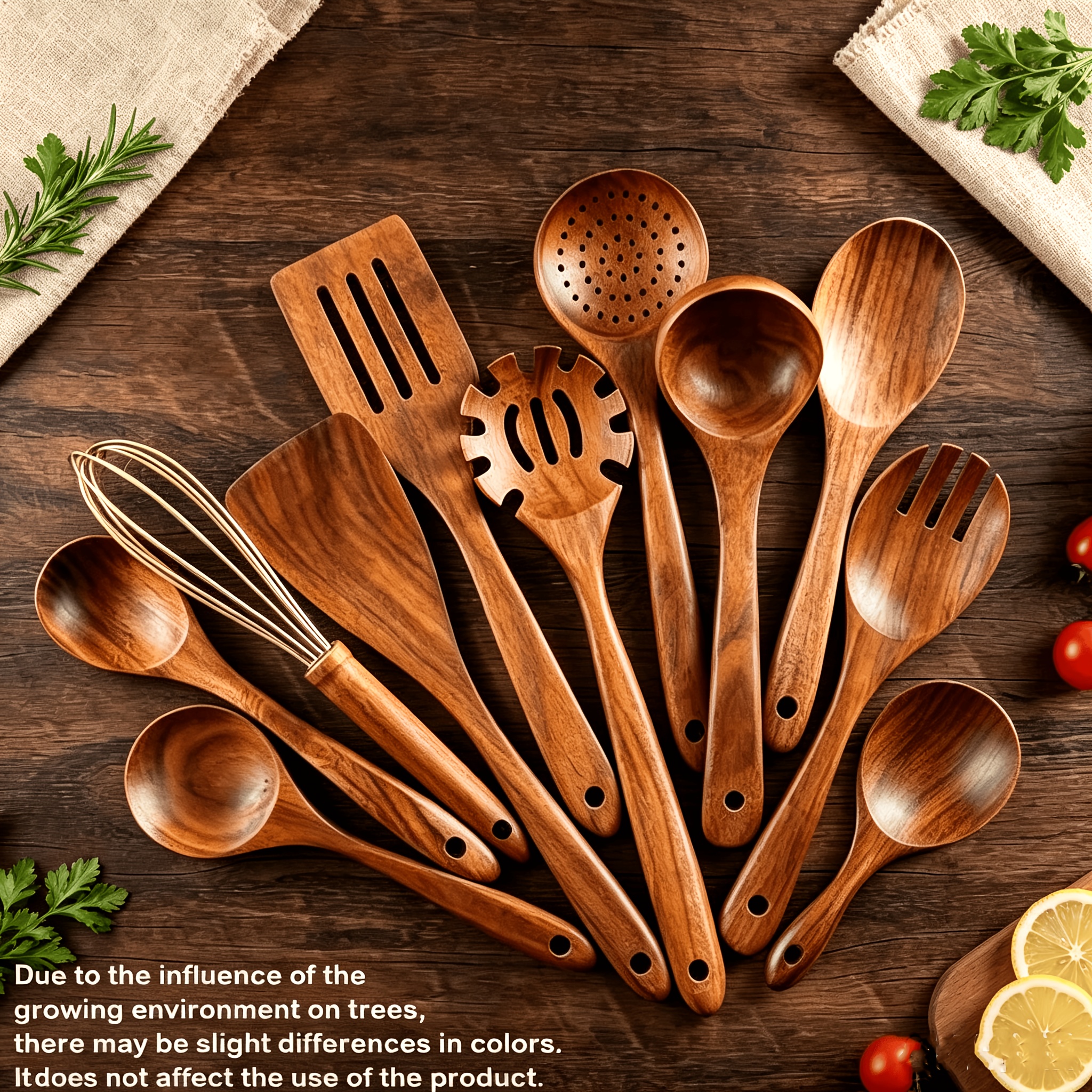 TEMU Ensemble de 11/3 pièces d'ustensiles de cuisine haut de gamme en bois, comprenant diverses cuillères en bois, spatules, à fentes, etc., de haute