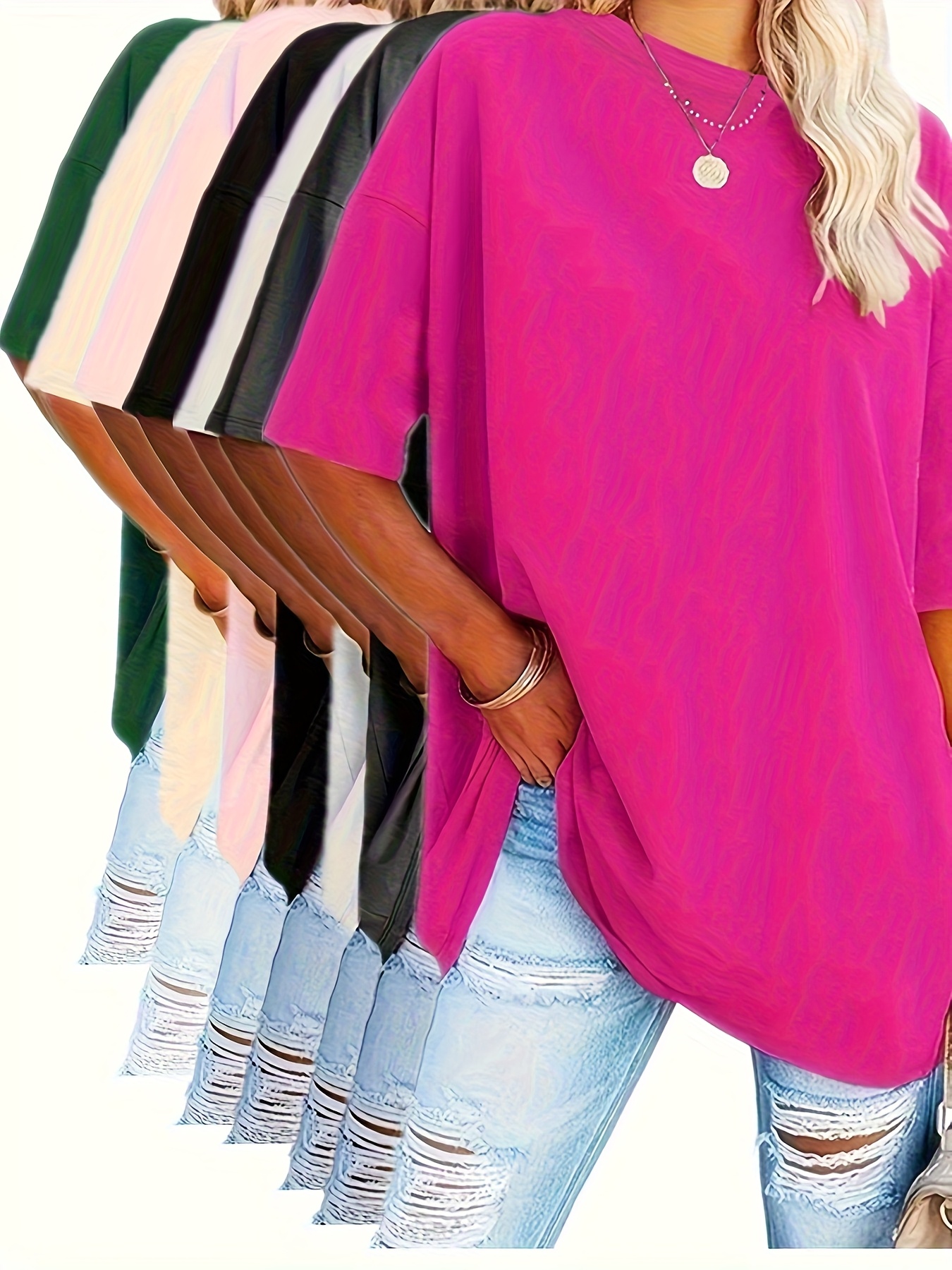 Lot De 5 T-shirts Femme Manches Courtes Col Rond - Basique Extensible En Viscose Et élasthanne, Parfait Pour Tous Les Jours - 7