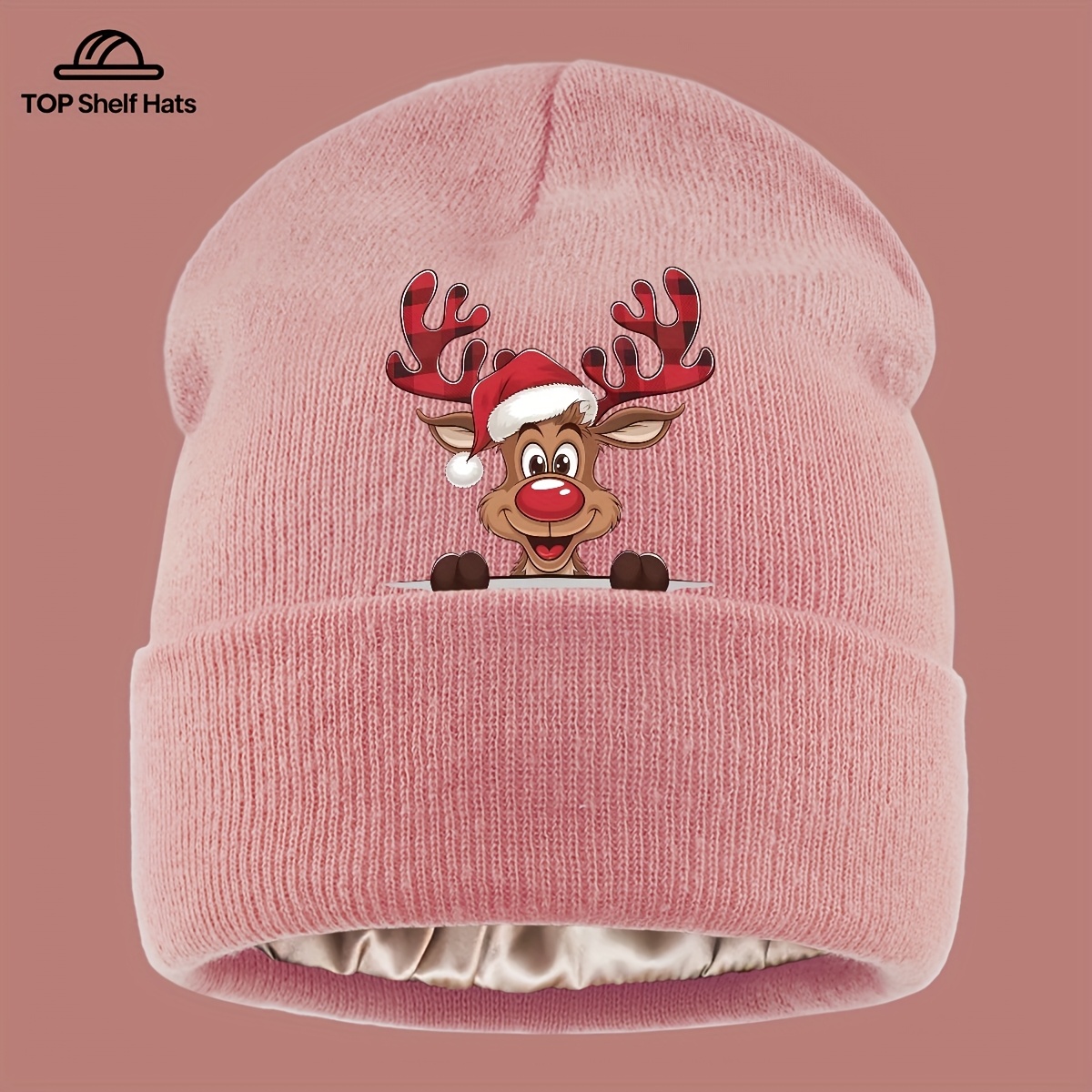 TEMU 1pc Christmas Reindeer Brimless Lined Satin Sateen Hat, Lightweight Trucker Vintage Casual Cap, Outdoor Casual Warm Wear Apparel Accessory,