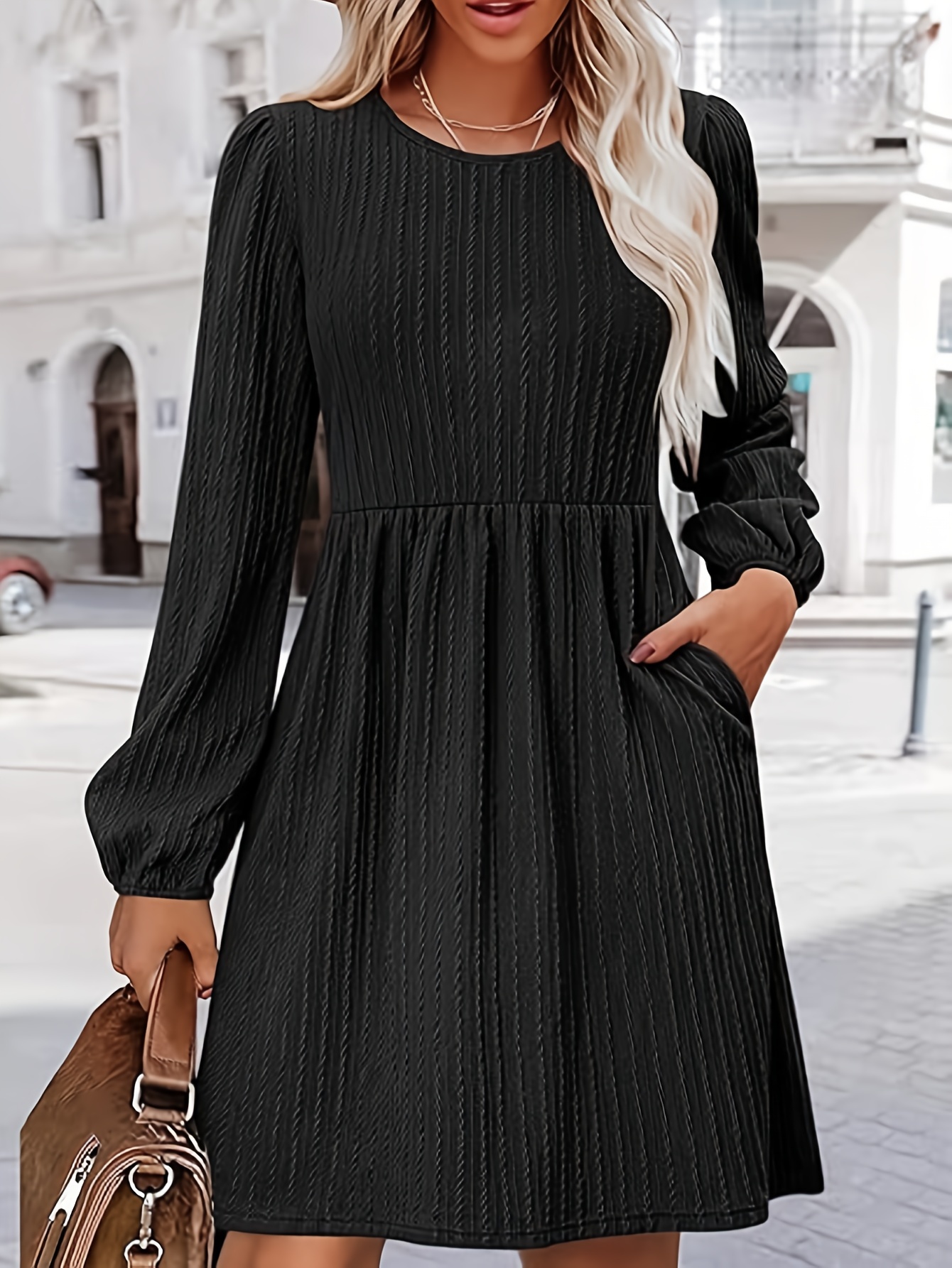 womens casual sweater dress pockets crew neck long sleeve a