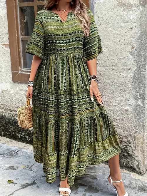 breathable fabric womens vibrant floral print v neck dress short sleeve a line silhouette summer casual vacation wear machine washable polyester stylish relaxed fit dress polyester dress