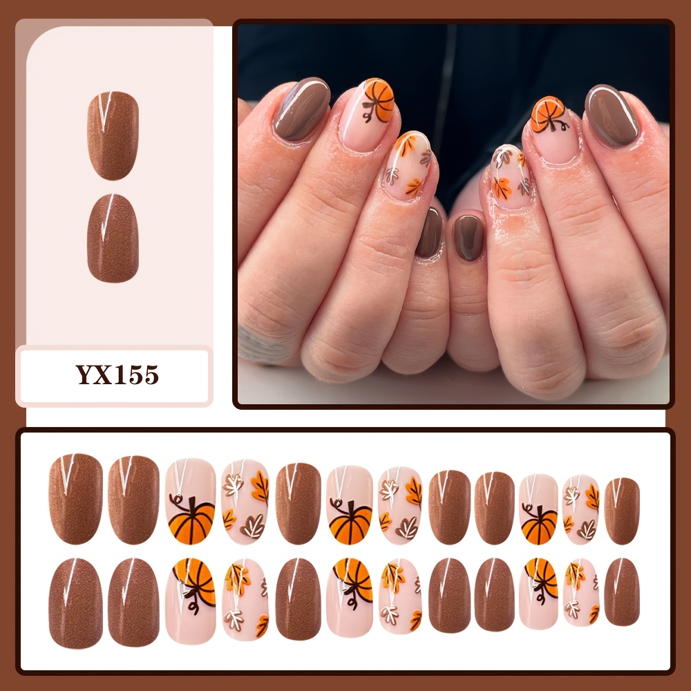TEMU 24pcs Sheer Base Solid Hand-painted Pumpkin Maple Leaf Short Oval Fake Nails Coffee Orange Contrast Glossy End Nail Sheets Removable Nail Sheets