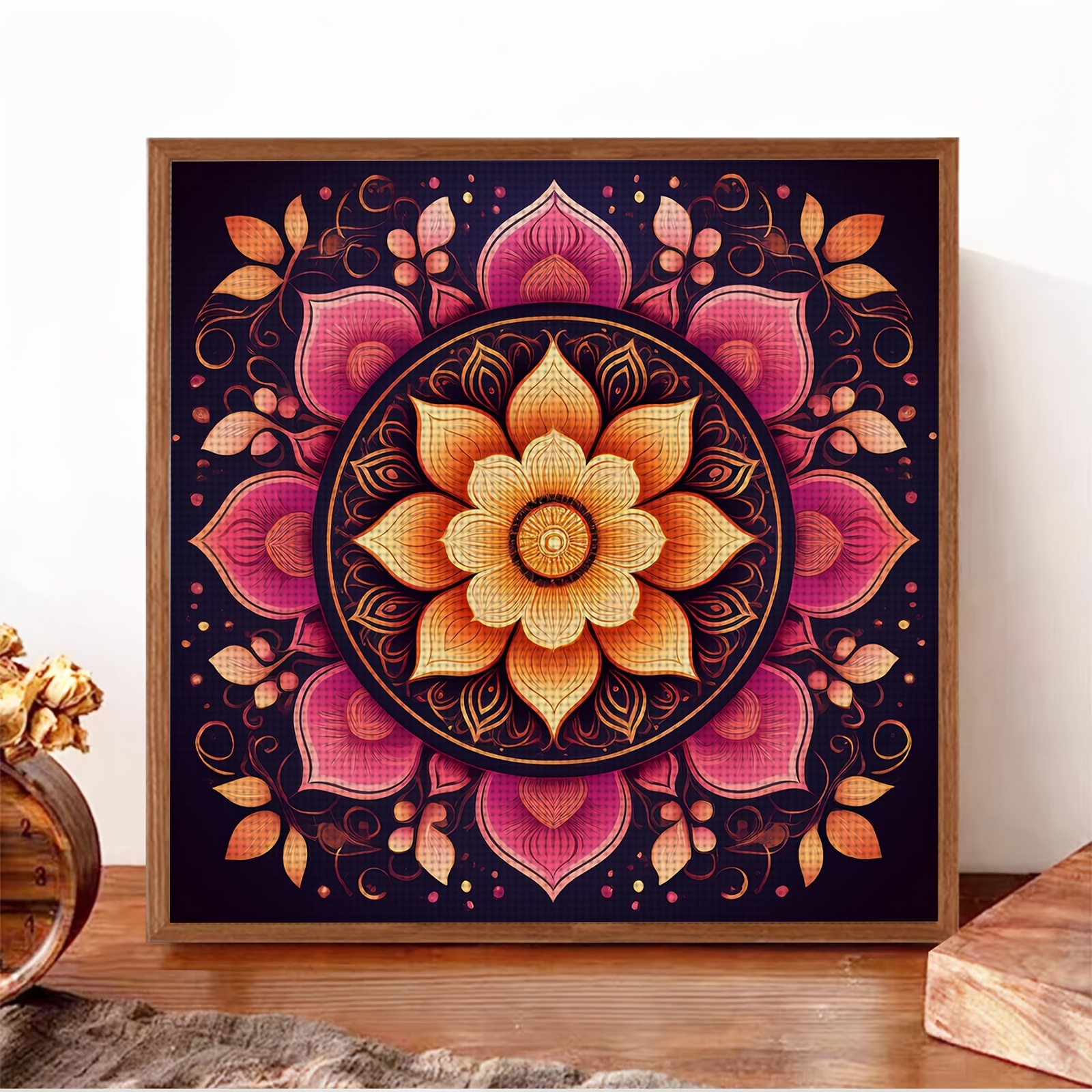 Frameless Cross-Stitch Kit, Golden Mandala Floral Pattern