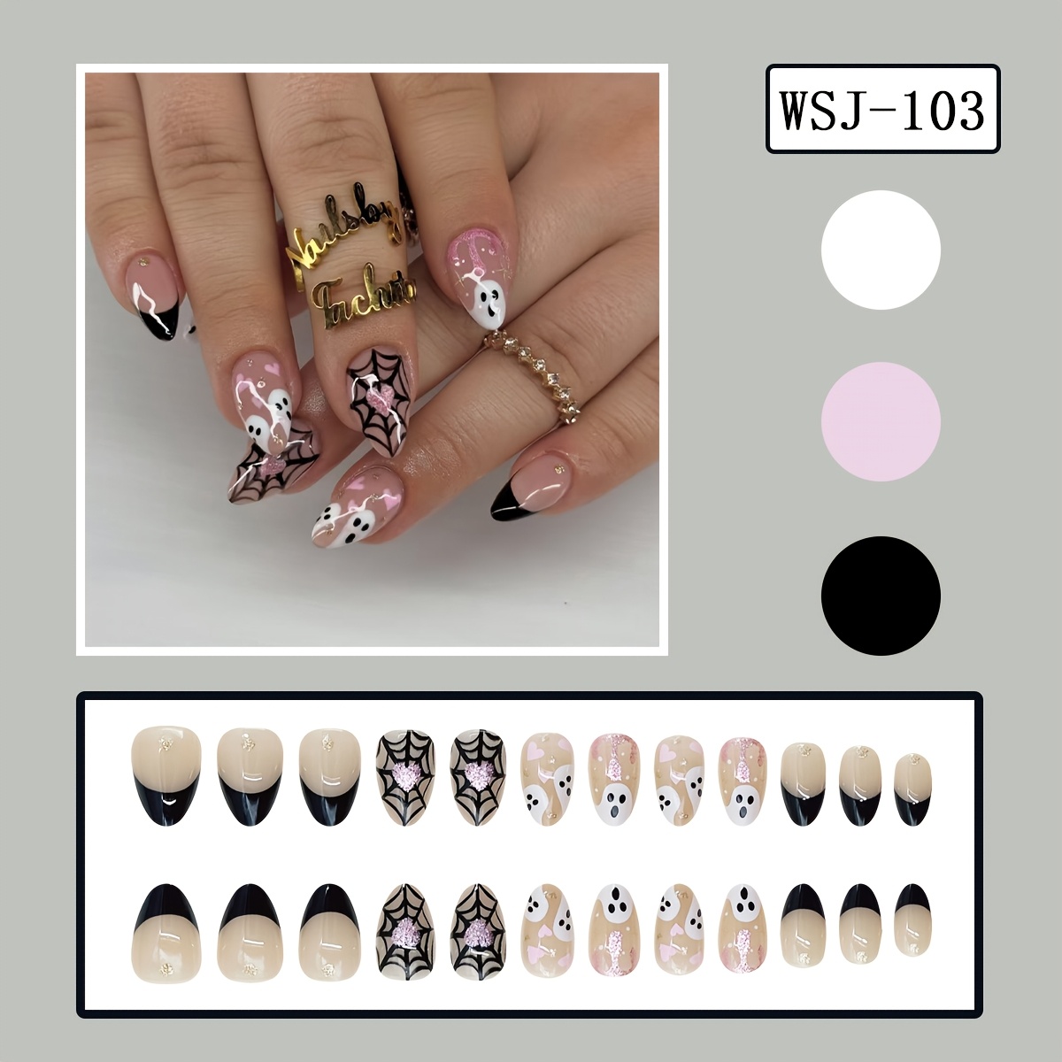 TEMU 24pcs Faux Ongles Français à Pression Courts Ovales à Couverture Complète pour Usage & Halloween - Faux Ongles Brillants avec Décorations Toile