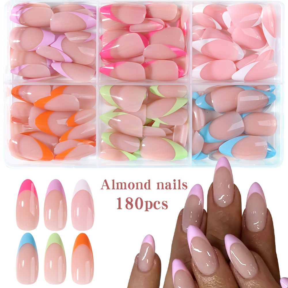 TEMU Easy And Versatile 180pcs Long Almond Full-coverage Press-on False Nail Set, In 6 Colors: White, Blue, Orange, Pink, Rose Red, And Yellow Tips.