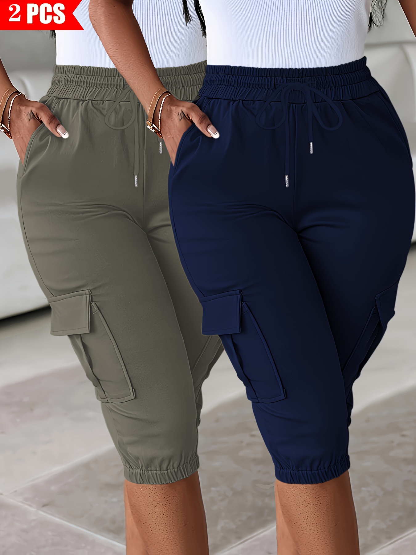 2pcs Women's Cargo Shorts Set, Elastic Waist, Fashionable Style, Cuffed Cargo, Comfortable Fabric, Practical and Convenient