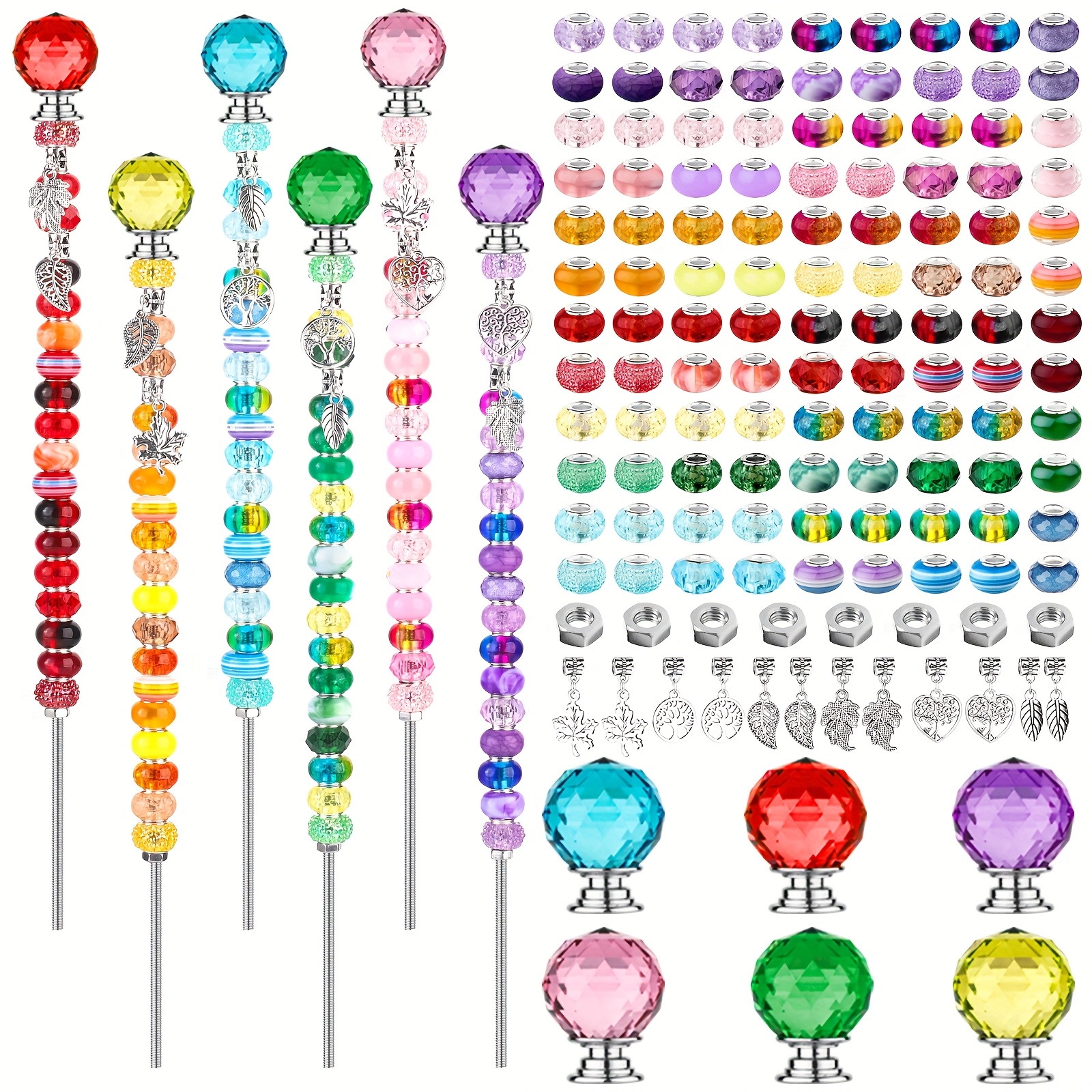 Image of 140pcs Diy Fairy Garden Stake Kit - Beaded Garden Stake Set With Colorful Crystal Stopper Top, Silvery Charms & Large Hole Beads For Outdoor Decorations, Holiday Gifts & Creative Craft Projects