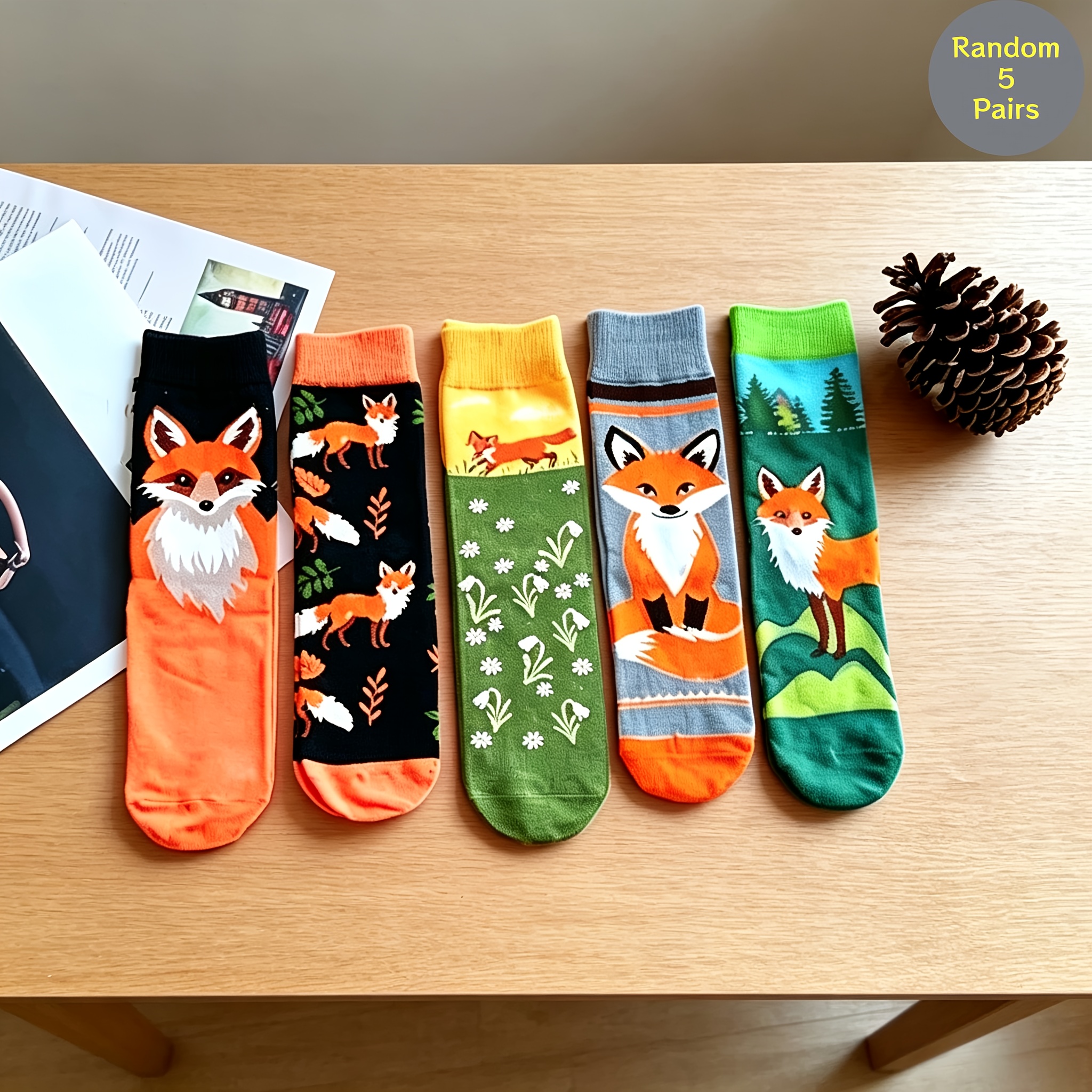 TEMU 5-pair (or More, 5) Fox Print Socks Suitable For - Random Patterns, Unisex Mid-calf Socks, Machine Washable, Dry , For, For, For - Animal