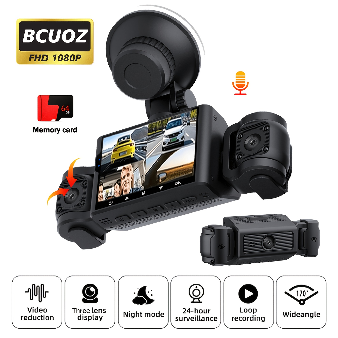 Bcuoz 360° Panoramic 3/4-channel Dash Cam, 1080p Front 720p , , Vision, Wdr, , Loop Recording, 24h Parking Monitor, Car Accessories/car Dashcam, Optional No Card/64gb Memory Card.