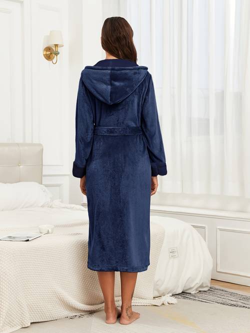 womens autumn winter flannel fleece hooded bathrobe thick warm long sleeve robe with double pockets adjustable belt solid color like striped trim machine washable cozy loungewear bath robes