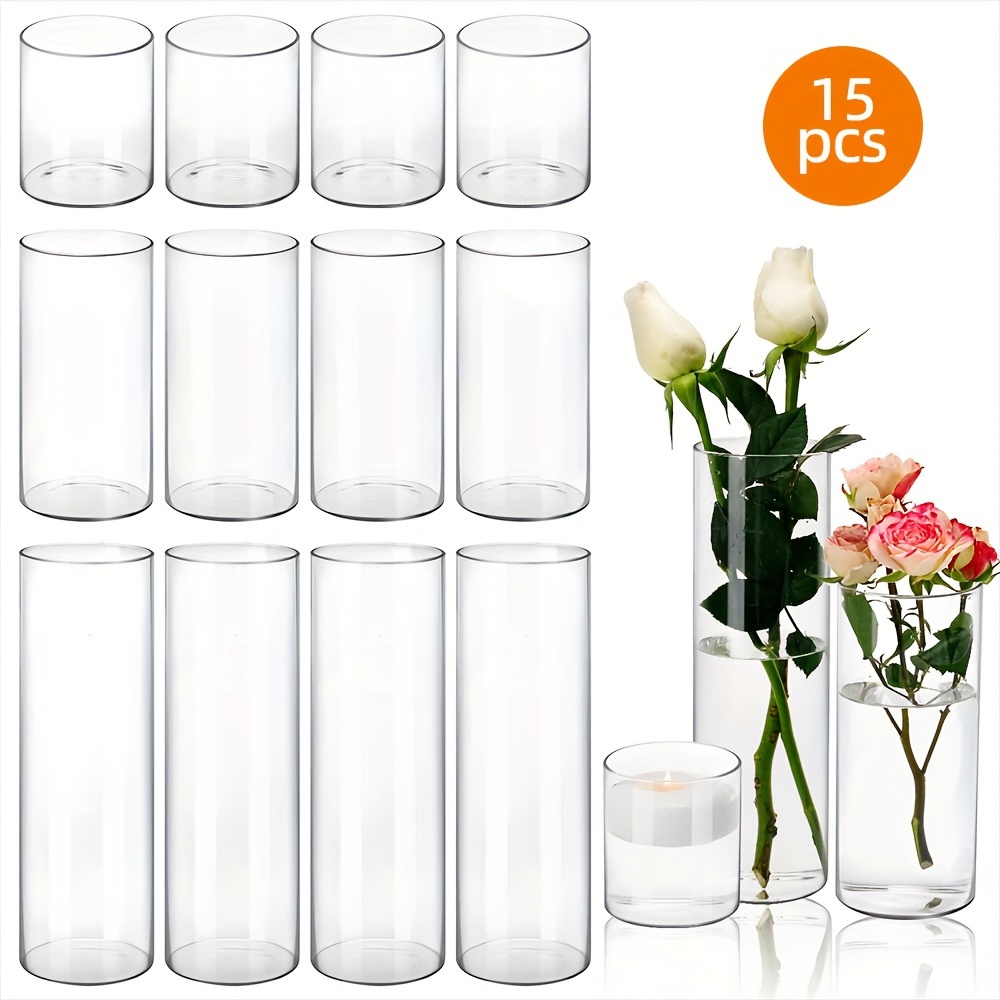 

15pcs Glass Cylinder Vase Hurricane Candle Holder Clear 3 Different Sizes Tall Clear Vases For Wedding Centerpieces Glass Flower Vase For Home Decor Party, 3.5x4in, 3.5x8in, 3.5x12in