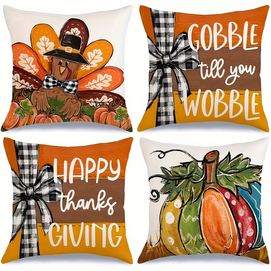 

4-pack Thanksgiving Throw Cover Set, Country-rustic Style, 100% Polyester, Machine Washable, Harvest Turkey & Pumpkin Prints, Zippered, For Home Decor - Single-sided Design (inserts Not Included)