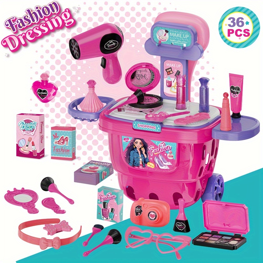 

36pcs Deluxe Role Play Set For Kids - Pretend Play Makeup And Hair Styling Kit With Suitcase, Hair Dryer, Brush, Lipstick, Mirror, Hairpins - Educational Toy For Girls 3+ Years Old