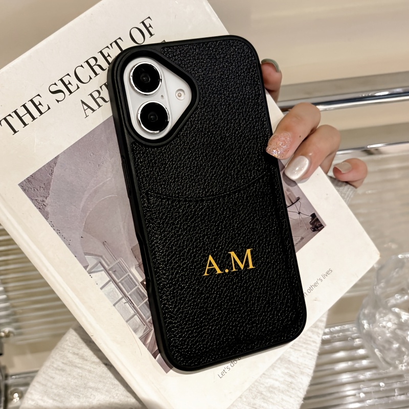 TEMU Phone Case - Personalized Custom Initials Golden Name Pattern Faux Leather Card Holder Phone Case For Iphone 16 15 14 13 12 Pro Shockproof Back