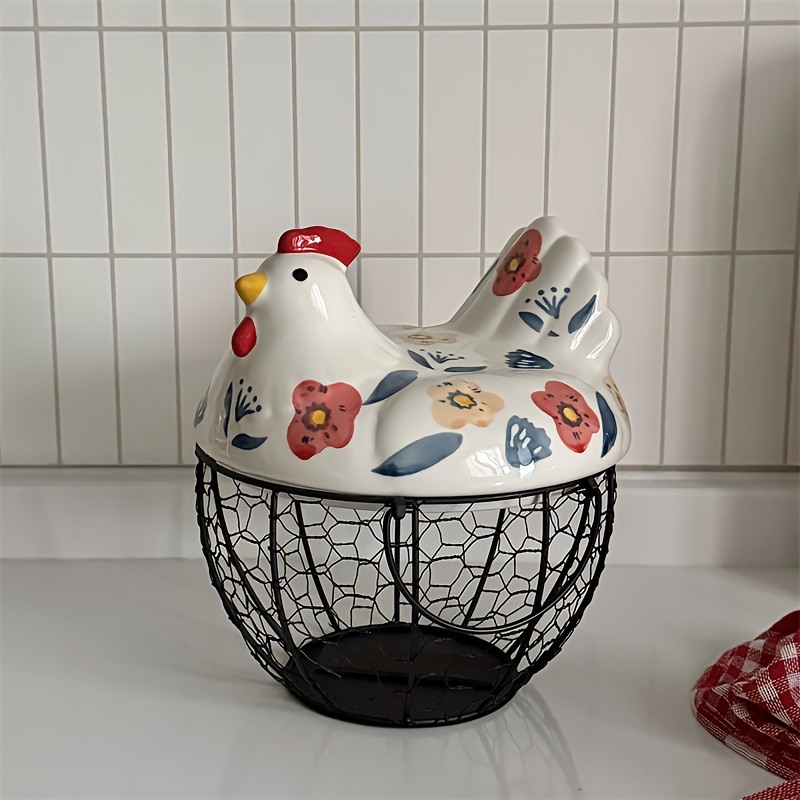 TEMU Farmhouse Hen-shaped Ceramic & Metal Wire Egg Basket With Lid - Multi-use Storage Holder For Eggs, Fruits & Vegetables, Kitchen Countertop