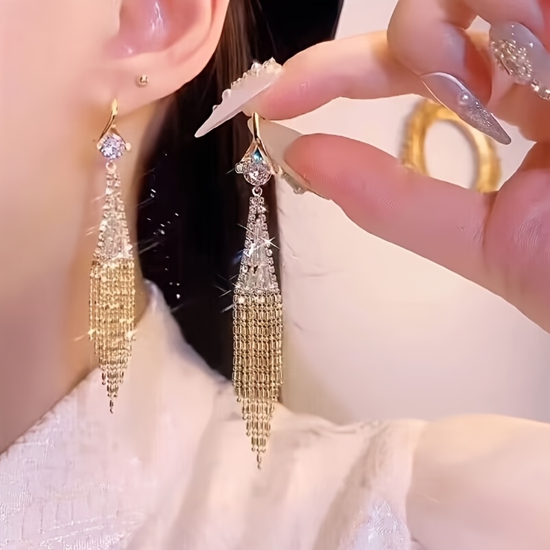 luxurious and exquisite long tassel womens earrings set with sparkling synthetic zirconia   daily wear party accessories and casual date decorations Product details 1