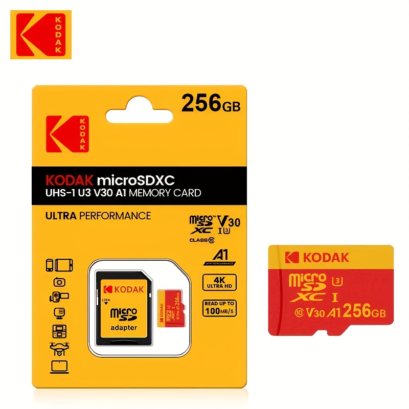TEMU Tarjeta de Memoria Micro Kodak de 256GB, Velocidad para Grabación en 4K Ultra HD, Rendimiento A1, Tarjeta de Memoria V30 UHS-I para Smartphone, Cámaras, Drones - Adaptador