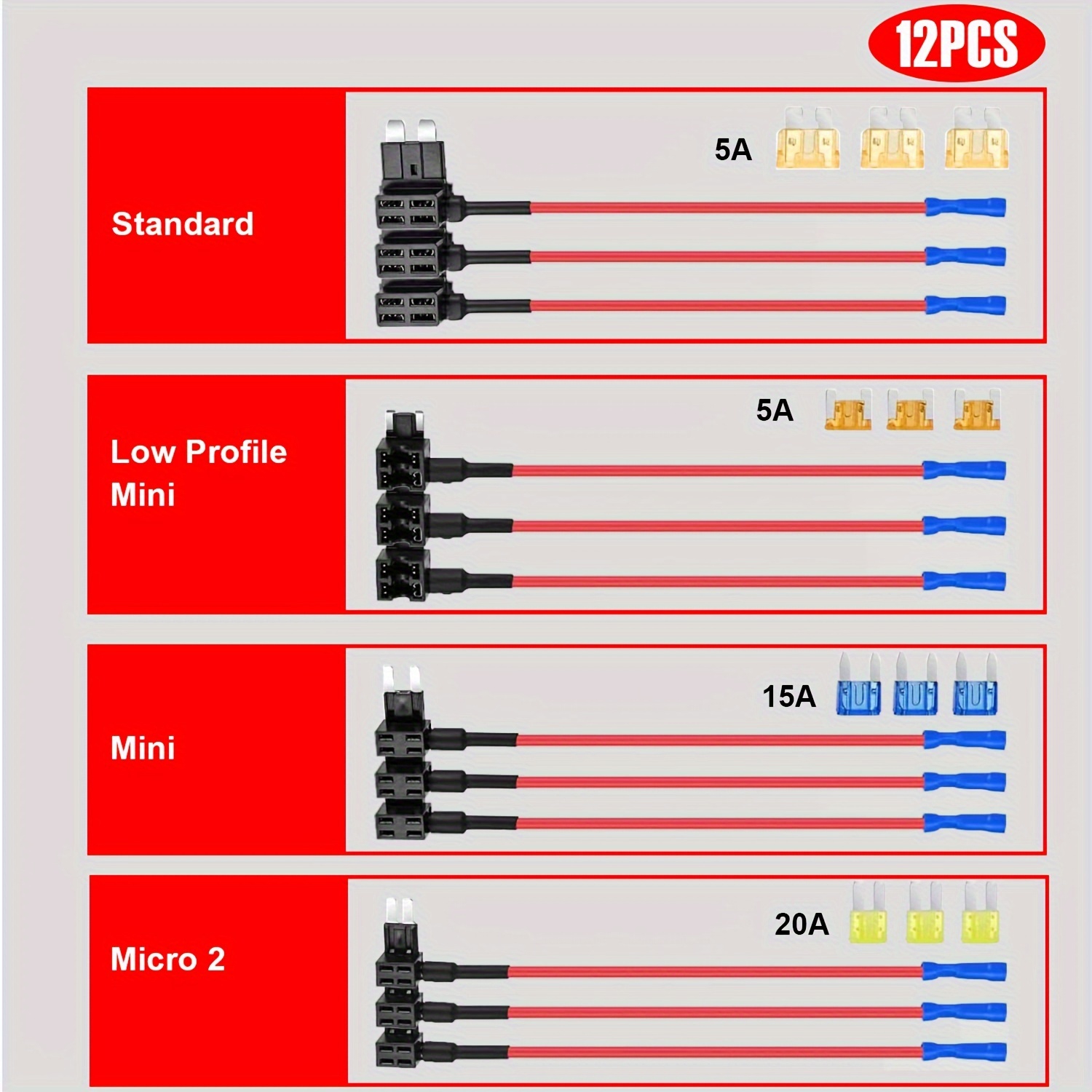 Image of 12pcs Car Fuse Taps, Adapter And Fuse Kit, With 4 Types Ato Atc Atm Fuse Holder, Standard Mini Low Profile Mini Fuse Taps For Cars Trucks Boats