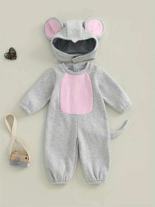 2pcs infant toddler baby boys girls halloween christmas mouse long sleeve velvet lined romper jumpsuit with hat halloween christmas outdoor holiday seasonal wear design cute jumpsuit durable romper toddler