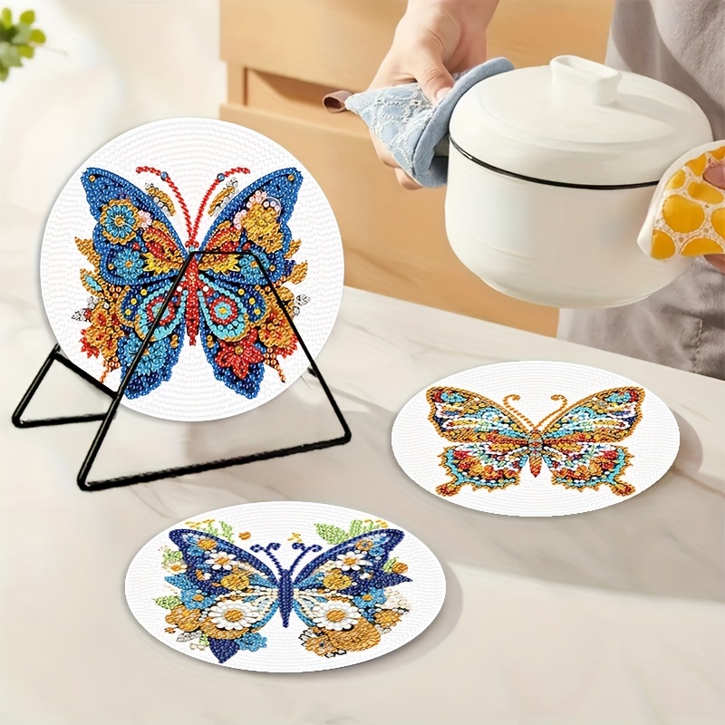 

4pcs Butterfly Flower Diy Crystal Diamond Art Insulated Table Mat With Stand, Diamond Art Mosaic Dinner Plate Mat, Non-slip Placemat, Arts And Craft Kits, Handmade Gift Diamond Art Painting Kit