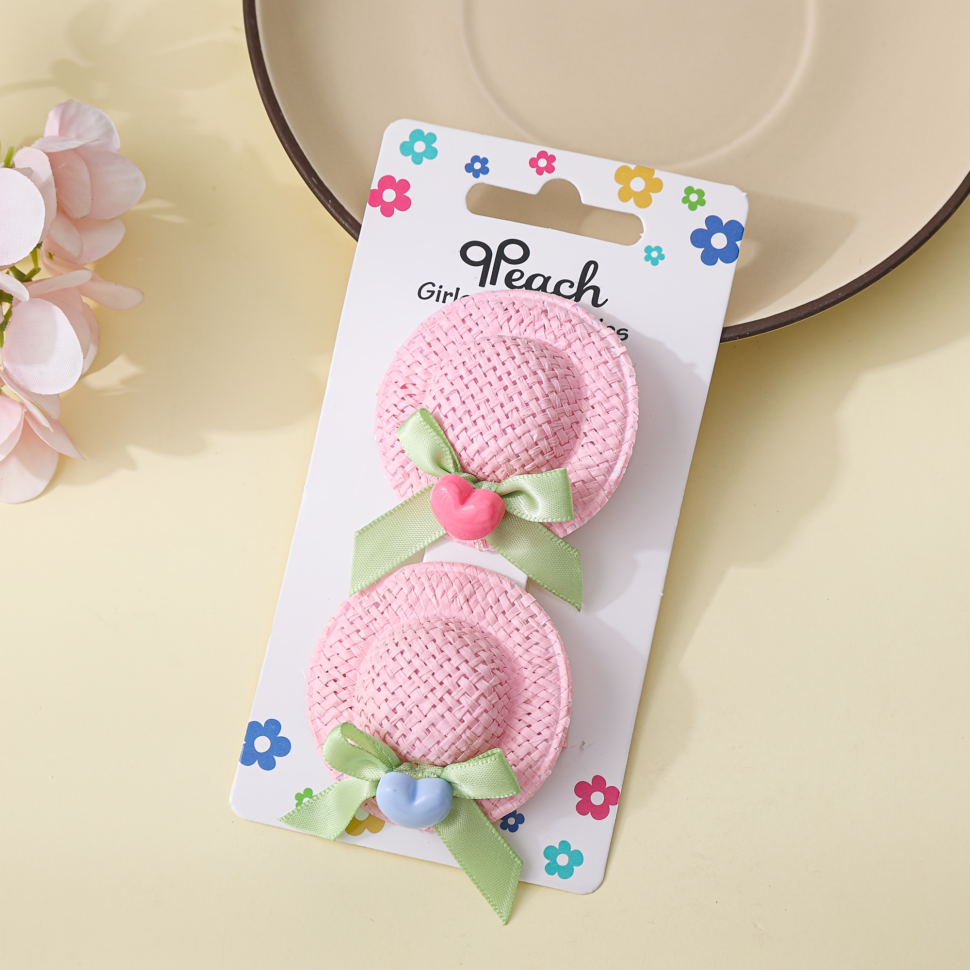 2-pack Cute Bow Heart Straw Hat Style Duckbill Clips