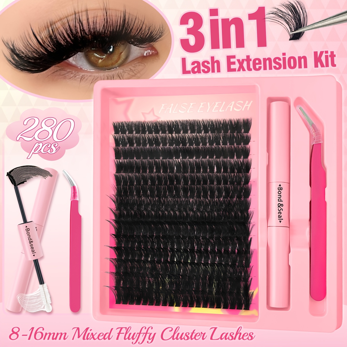 Image of 3-in-1 Lash Extension Kit 280pcs 80d - 0.07mm D , Reusable Self-application Lashes With 8-12mm And 13-16mm Lengths, Doll/eye/cluster Styles For - For Parties, Daily Wear, Role Play, Mother's Day Gift