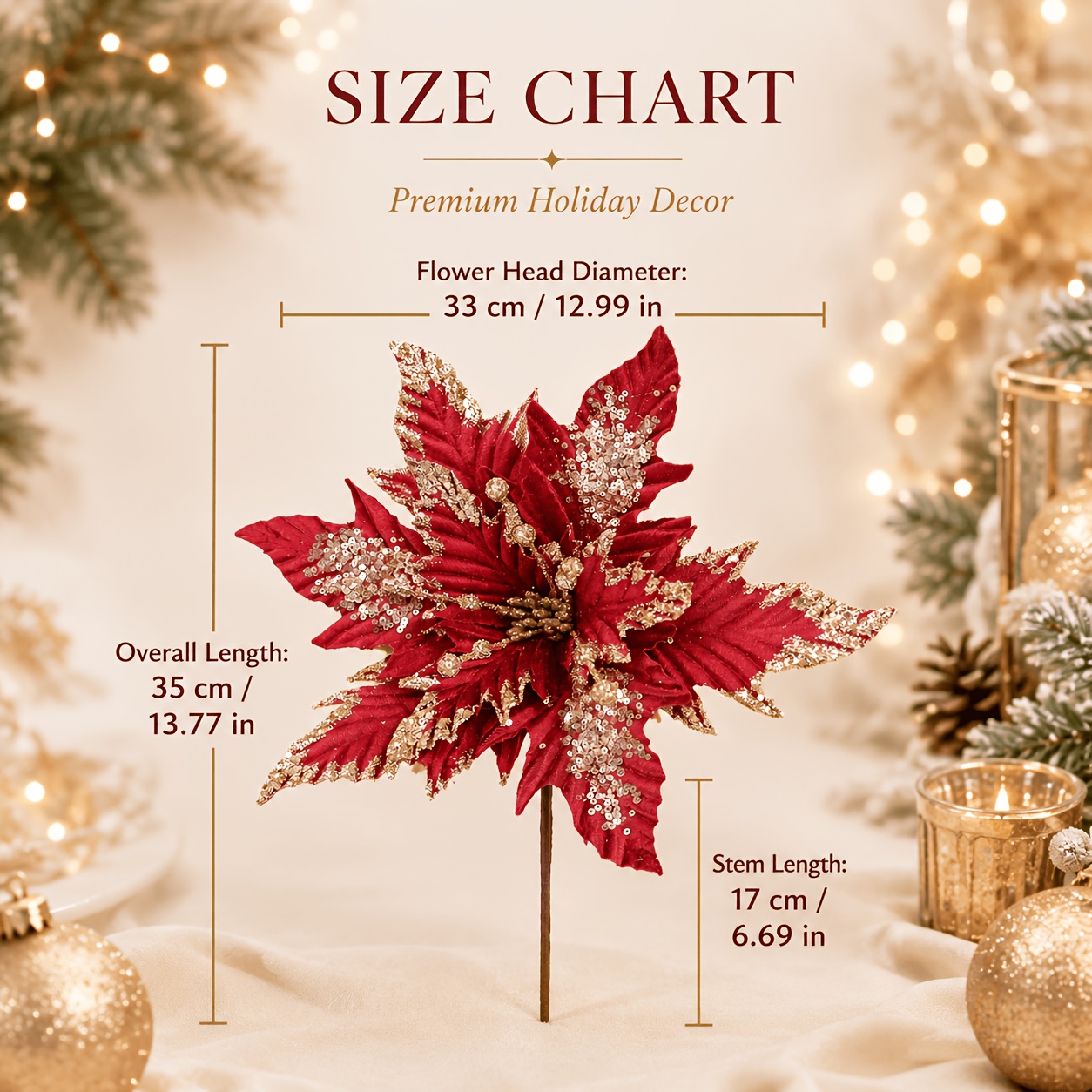 TEMU Artificial Poinsettia Flowers, Red Golden Sequin Glitter Christmas Flower Ornaments, Velvet Fake Poinsettia For Christmas Tree Wreath Garland