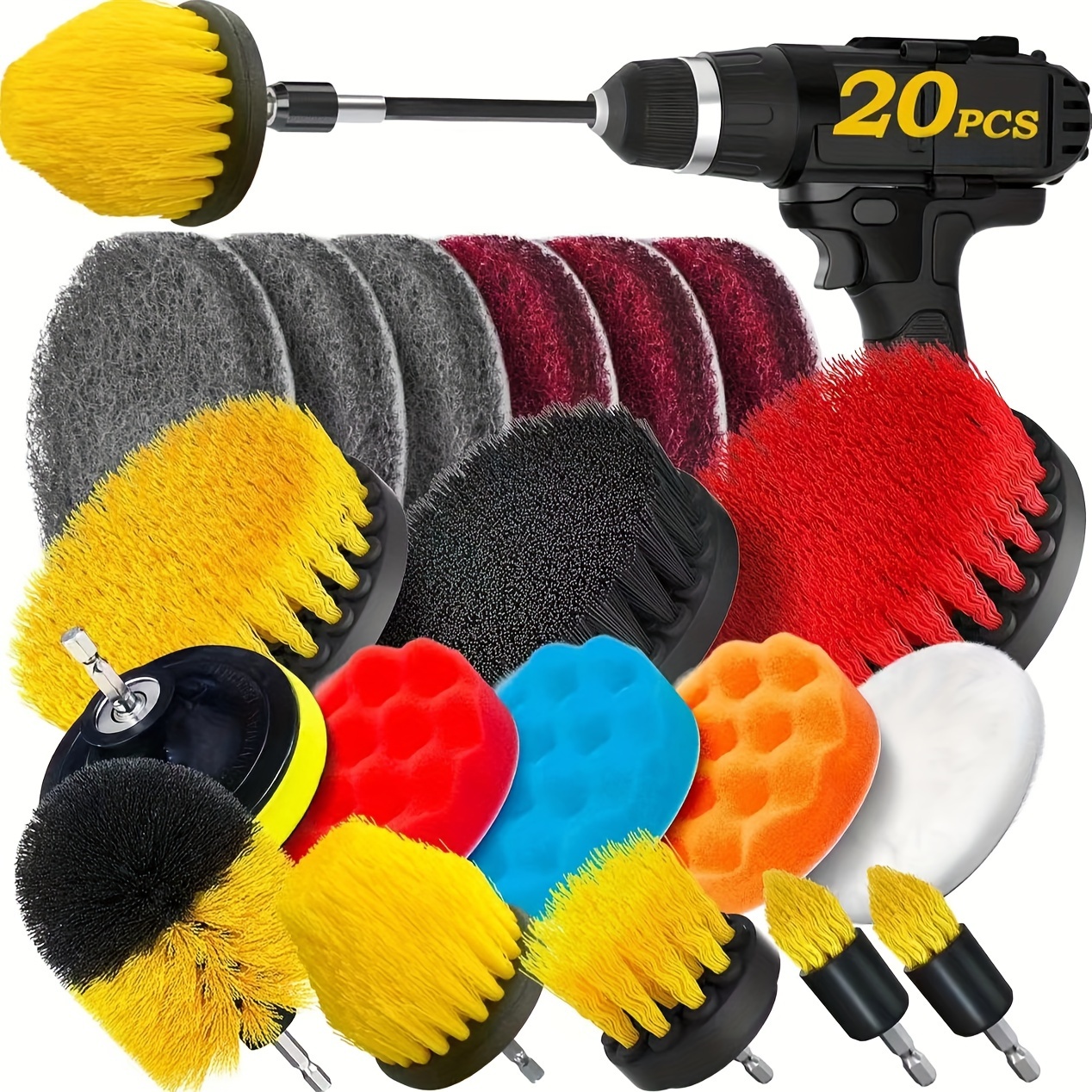 

20-piece Drill Brush Attachment Set, Multi-purpose Power Scrubbing Cleaning Kit With Extension Attachment For Bathroom, Toilet, Kitchen, Car, Patio - No Electricity Needed.