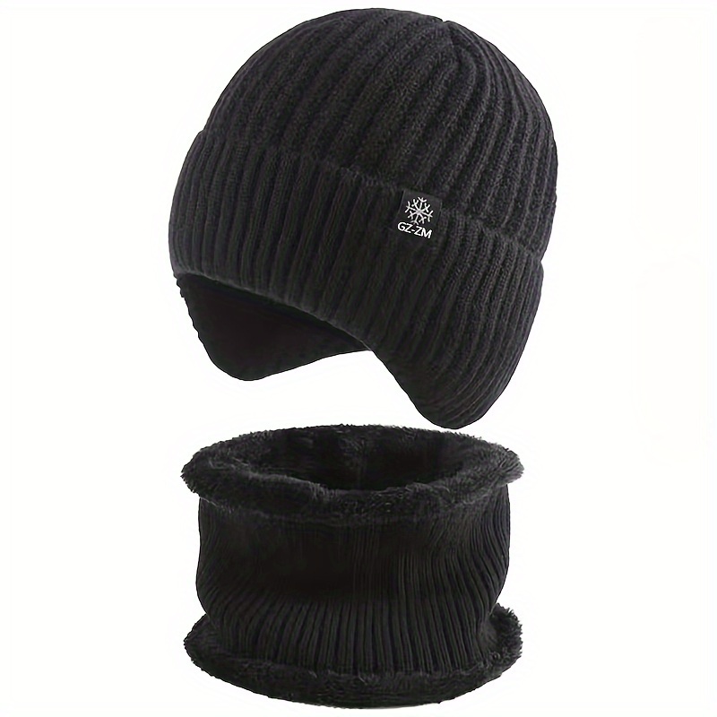 TEMU 2pcs & Scarf Set, Thick Knitted Ear Hat, Lightweight, Stretchy, Wash Or , Unisex Fashion Accessory For Dad And
