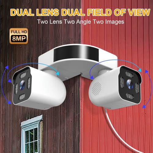 8mp smart wireless wifi security camera outdoor dual lens ptz surveillance cameras outside 360 panoramic view external corner mount with double bullet cam night detection sound motion alerts for home indoor hotel mall warehouse countyard shop garage apartment