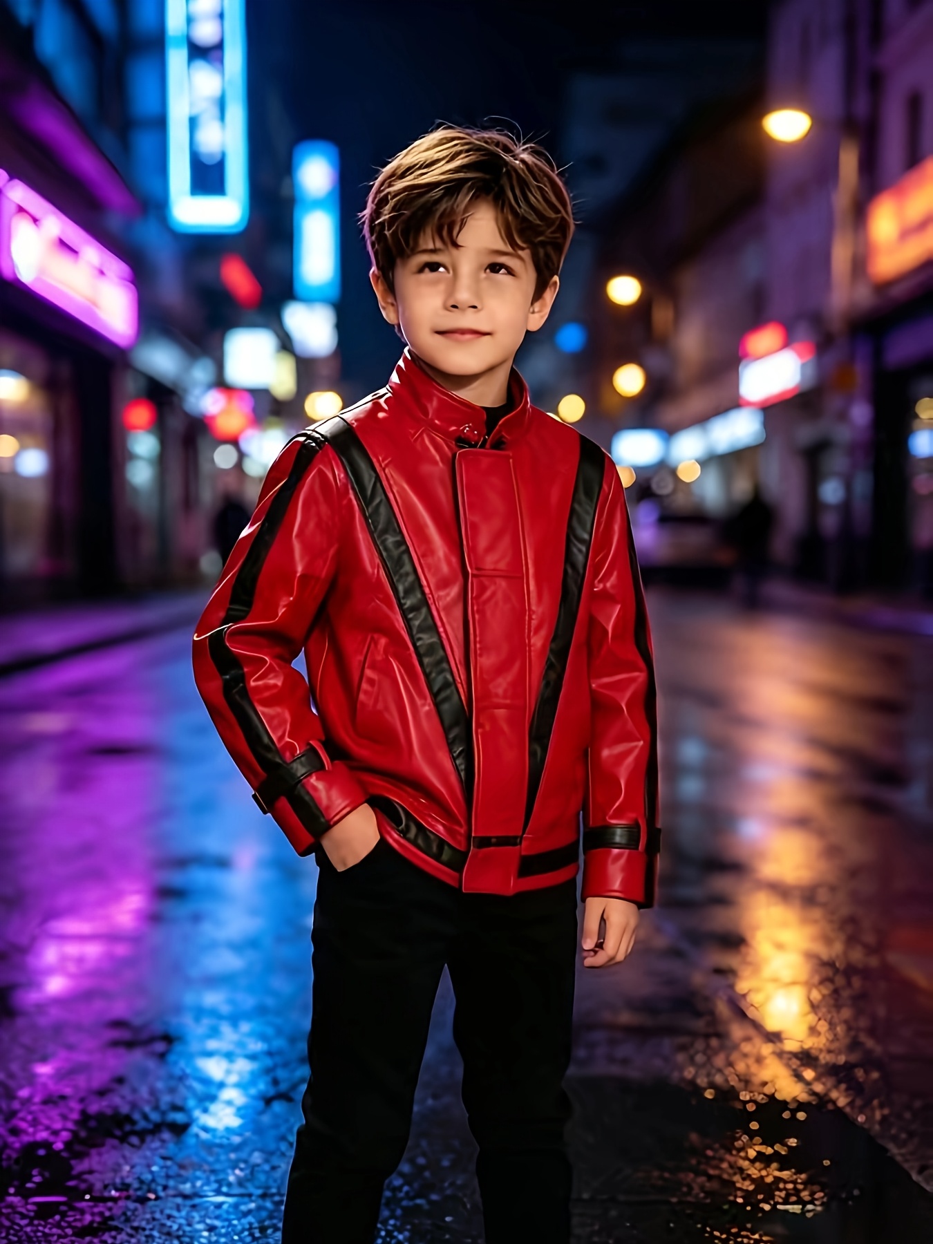 Artikelbild scheibenförmiges, glänzendes rotes biker-top für jungen mit stehkragen, doppelknöpfen und verstellbaren manschetten,   für halloween, karneval und bühnenshows