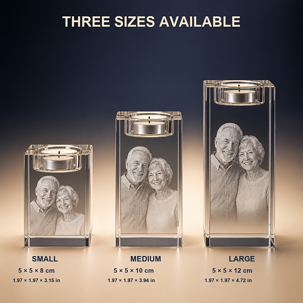 TEMU Personalized Grandparents Photo Crystal Tealight Holder, Flat 2d Internal Laser Engraved Elderly Couple Portrait, Clear Rectangular Candle Stand