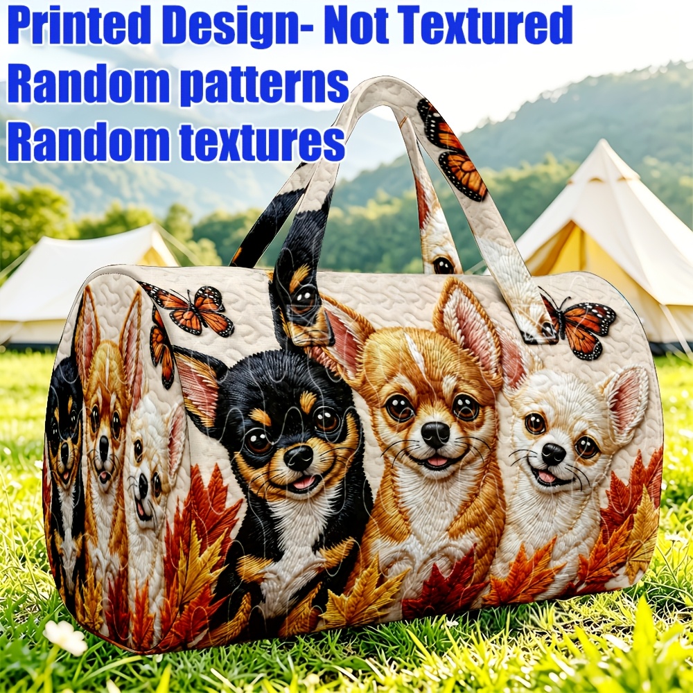 TEMU 1pc 3 Chihuahua And Printed Quilted Ladies Tote Bag, Cute Large-capacity Travel Luggage Bag, Weekend Overnight, Christmas And Halloween Gifts