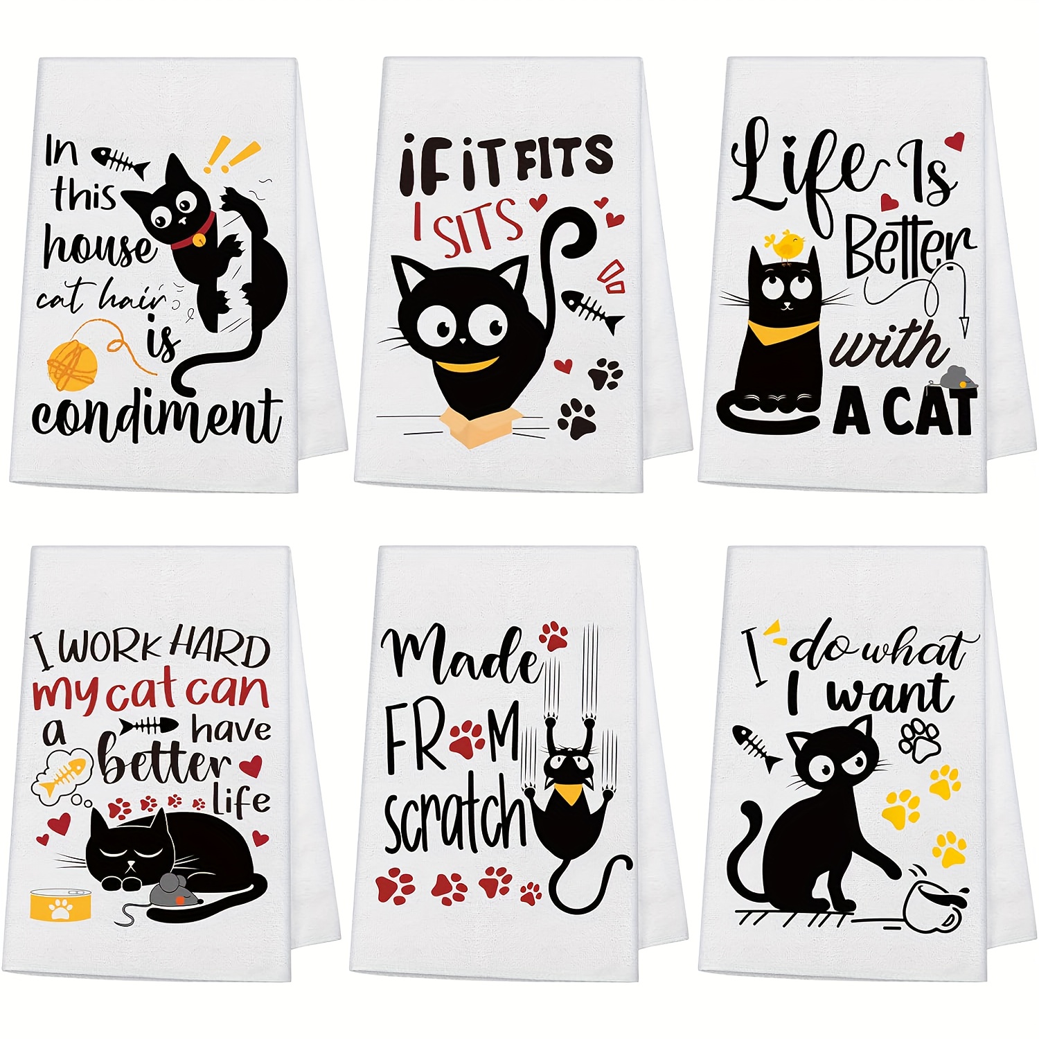 

6-pack Modern Microfiber Kitchen Towels, Cat-themed Dish Towels With Humorous Sayings, Machine Washable, Knit Fabric Cartoon Pattern Hand Towels For Cat Lovers, Universal Holiday Gift - 250gsm